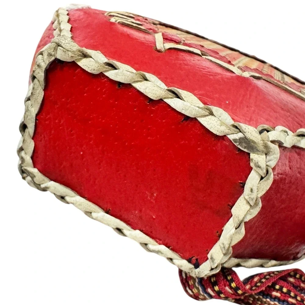 Vintage Red Leather Wrapped Glass Canteen Woven Strap Southwestern Folk Art Boho